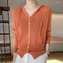 Women's Knits Worsted Pure Wool Sweater Cardigan Hooded Women Spring And Autumn Loose Thin Long-Sleeved Coat