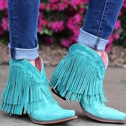 Boots Western Cowboy Boots Tassel Women Ankle Boots Big Size 43 Chunky Heels Slip On Shoes Autumn Cowgirl Short Booties 230804