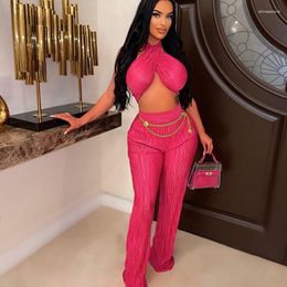 Women's Two Piece Pants Sexy Party Night Set For Women Co Ord Sets Summer Vacation Crop Top And Wide Leg Matching Club Outfits Chic