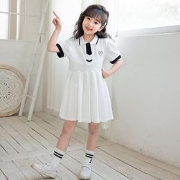 Girl Dresses 2023 Korea Summer Cotton Gilrs Clothes POLO Collar Preepy Princess Dress Casual Loose Long Teens Pleated Skirt 9 12 Year