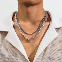 Choker KunJoe Hip Hop Half Imitation Pearl Cuban Chain Necklace Sets Men Punk Silver Color Link Rapper