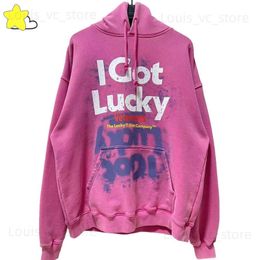 Men Women Hip Hop Oversized I Get Lucky Hoodie Vintage Washed Pink Streetwear Pullovers VTM Sweatshirts Inside Tags T230806