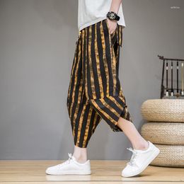 Men's Pants 2023Chinese Style Harem Men Summer Casual Joggers Mens Streetwear Cotton Striped Calf-length Trousers