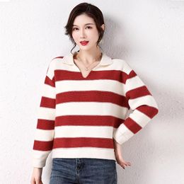 Women's Sweaters Stylish Women Green Red Navy White Striped Pullover Turn Down Collar Design Soft Warm Knitwear Ladies Classical Tops