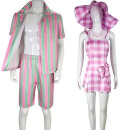 Cosplay Movie Barbi Pink Plaid slip ärmlös klänning för kvinnliga män randiga shorts skjorta kostym Ken Ryan Gosling Halloween Cosplay Costume 230804