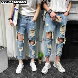 Men's Jeans Men Jeans Knee Hole Ripped Stretch Skinny Denim Pants Solid Colour Autumn Summer Hip-Hop Style Slim Fit Trousers 2023 pantalones J230806