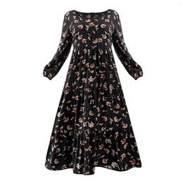 Casual Dresses Ladies Large Size Round Neck Floral Print Spring And Summer Long Sleeved Cuff Closure High Waist A Line Skirt Dress