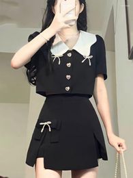 Work Dresses Summer Black Sweet Two Piece Set Women Bow France Vintage Slim Skirts Suit Female Korean Style Mini Elegant 2023