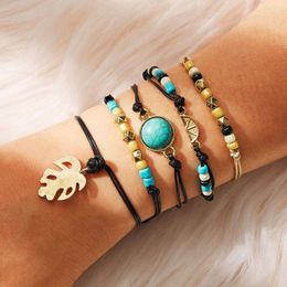 Charm Bracelets Bohemian Colourful Beads Set For Women Blue Stone Metal Leaves Adjustable Rope Bracelet Fashion Jewellery 5Pcs/Set