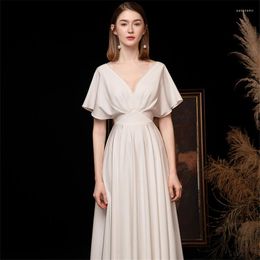 Ethnic Clothing Women White Satin Evening Dress Elegant V-Neck Short Sleeve A-Line Backless Formal Party Gown Vestido