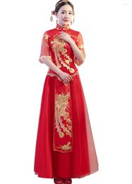 Ethnic Clothing Shanghai Story Long Gold Embroidery Cheongsam Dresses Red Qipao For Women Traditional Dress Chinese Wedding