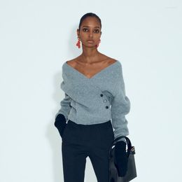 Women's Knits EOS RECTO Drop Shoulder Cardigan Grey Sweater Spring 2023 Asymmetric Wrap Design Wool V-Neck Knitted