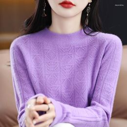 Women's Sweaters Autumn And Winter Pure Sweater Ladies Long Sleeve Semi-high Neck Pullover Solid Color Hollow Cashmere