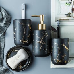 Bath Accessory Set Tumbler Holder With Accessories Marble Dispenser Soap Gold Toothbrush Black Bathroom Dish Home Organizer Lotion