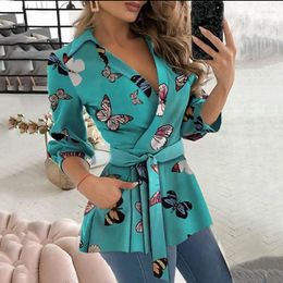 Women's Blouses 2023 Fashion Women Spring Autumn Solid V-Neck Printing Lace-up Waist Shirts Casual Elegant Office Ladies Slim