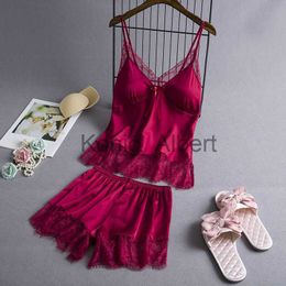 Sexy Pyjamas Fdfklak New Womens Shorts Summer Lingerie Femme Sexy Pink/Black Sleepwear Sleeveless Ladies Pyjama Sets Night Pyjama Set x0806