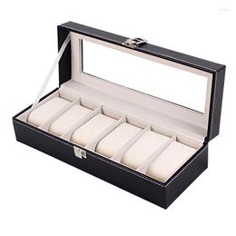 Watch Boxes 6 Slots Box Organiser For Men Storage Case With Glass Lid Black Leather Holder