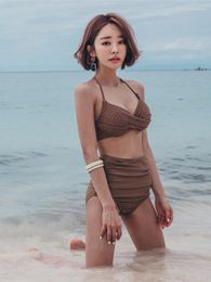 Women's Swimwear Seaside Beach Wear Ladies Bikini Korean Style Vacation Split Swimsuit Retro High Waist Cover Belly Women