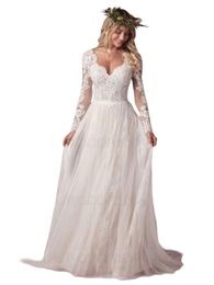 Vestido De Novia Boho beach Wedding Dresses 2023 long sleeve V Neck Beach Lace Bridal Wedding Gowns Elegant Bohemian Tulle sexy backless A Line Bridal Dress Gown