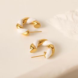 Stud Earrings French Vintage White Drip Oil Twist C-shaped For Women Stainless Steel Plated 18K Gold Waterproof Jewelry