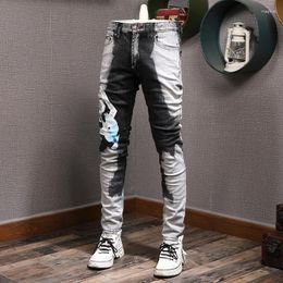 Men's Jeans Street Fashion Men High Quality Black Gray Stretch Elastic Slim Fit Printed Brand Designer Hip Hop Pants Hombre