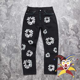 Craft Jeans Inlay Gem Thick Washed Men Women1 1 Best Quality Black Denim Pants T230806