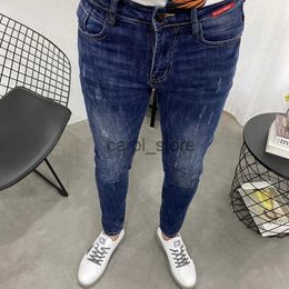 Men's Jeans Autumn Winter Sticker Dark Blue Slim Fit Cropped Jeans Men's Small Feet No Iron Spirit Guy Stretch Pencil Denim Designer Pants J230806