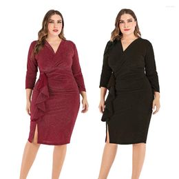 Plus Size Dresses Elegant Dress Women's Sequin Decor Formal Party Long Sleeve Ruffle Trim V-neck Bodycon