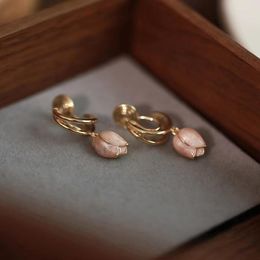 Backs Earrings Pink Tulip Pendant Non Piercing Women Ear Clip Dangle Gold Color Oil Dripping Process Flower Spring Summer Earring