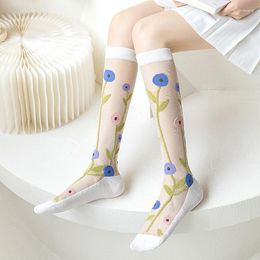 Women Socks Nylon Long Summer Ultra-thin Transparent Crystal Glass Silk Calf Sock Japanese Sweet Girl Floral Print Stockings