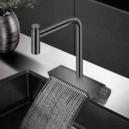 Black Brass Waterfall Faucet Hot And Cold Water Kitchen Faucet Single Handle Switch Pull Out 360 Degree Kitchen Mixer Tap