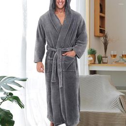 Men's Sleepwear Long Sleeve Pocket Belt Solid Color Men Bathrobe Winter Warm Hooded Coral Fleece Home Gown Nightwear Lounge Wear