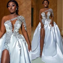 Size Plus Arabic Aso Ebi Luxurious Beaded Crystals Wedding Dress Lace Mermaid Satin Bridal Gowns Dresses Es