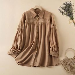 Women's Blouses Cotton Linen Shirt Summer 2023 Solid Vintage Loose Long Sleeve Top Ladies Folds Clothing YCMYUNYAN