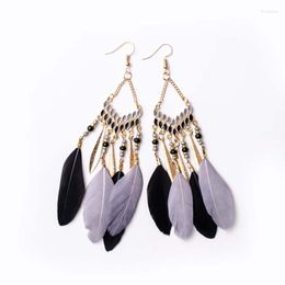 Dangle Earrings Explosive Fan-Shaped Tassel Feather Female Long Bohemian Rice Beads European And American