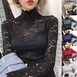 Women's Blouses Stylish Women Blouse Half High Collar Stretchy Solid Colour Sweet Crochet Lace Hollow Pullover Top