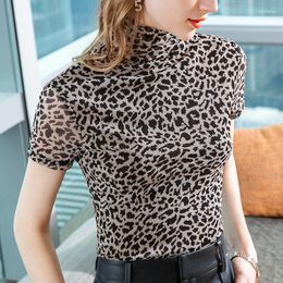 Women's T Shirts Turtleneck Bottoming Shirt Women 2023 Leopard-print Mesh T-shirt Stretch Personality Inner Waist Top