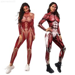 Theme Costume New 3D Muscle Printed Jumpsuit Men Women Human Body Muscle Tissue Tight Bodysuit Halloween Cosplay Role Play Up Outfit L230804