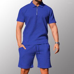 Men's Tracksuits Business Casual Two-piece Set Summer Trend Solid Lapel Zipper Short Sleeve T-Shirt Shorts 2023 Fashion Sports Suit