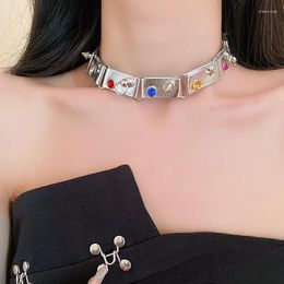 Choker Amorcome Punk Colourful Crystal Beads Leather Necklace For Women Hip Hop Rock Rivets Studded Clavicle Collar Y2K Jewellery