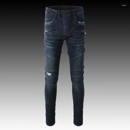 Men's Jeans Fashion Streetwear Men Retro Black Blue Elastic Slim Fit Spliced Designer Biker Homme Brand Hip Hop Denim Punk Pants