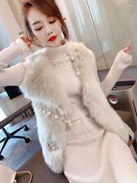 Women's Fur Vest 2023 Heavy Industry Beaded Tassels With Belt Beige Coat Autumn Winter