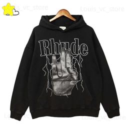 Heavy Fabric Vintage Washed Black Hand Lightning Print Hoodie Men Women Splicing Pullovers Hip Hop Loose Sweatshirts T230806