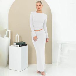 Work Dresses Elegant Two Piece Sets Long Sleeve Sexy Crop Top T Shirt Folds Maxi Skirt Suits Summer Women Party Skirts Vacation Outfits
