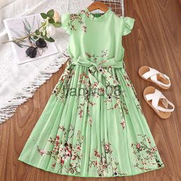 Girl's Dresses Kids Floral Print Dress for Girls 2023 New Summer Child O Neck Sleeveless Casual Aline Dress with Belt Cloth Children Clothing x0806