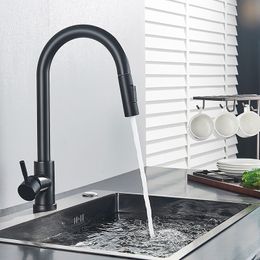 Deck Mounted Pull Out Kitchen Faucet Black Colour Two Function Sprayer Sink Mixer Single Handle Hot and Cold Water Tap