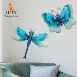 Decorative Objects Figurines Metal Butterfly Dragonfly Set Wall Art for Home Decoration Sculpture Statue of Living Room Bedroom Study Hallway Yard Patio 230804