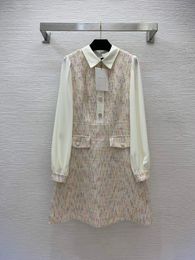 2023 Autumn Ivory Contrast Colour Panelled Tweed Dress Long Sleeve Lapel Neck Buttons Short Casual Dresses B3G041817 Plus Size XXL