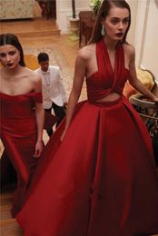 Party Dresses Elegant Sexy Dark Red Satin Ball Gown Prom Halter Neck Pleats Ankle Length Evening Long Formal Gowns