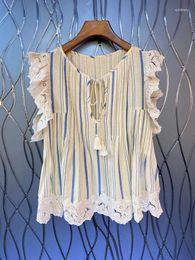 Women's Blouses 2023 Women Fashion Sleeveless Sexy Casual Vertical Striped Lace Sweet Lace-up Top Shirt 0730